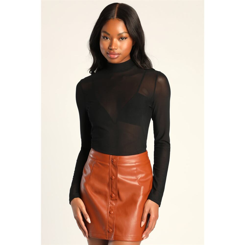 Lulus Most Fab Brown Vegan Leather Button-Front Mini Skirt S NWT - Picture 3 of 9